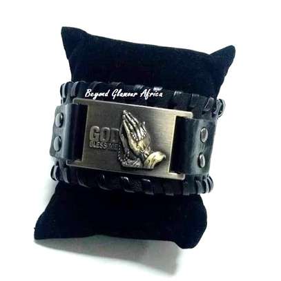 Black Leather Prayer engraved Bracelet image 4