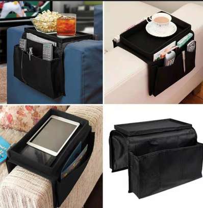 Couch arm rest organizer with top tray and pockets image 1