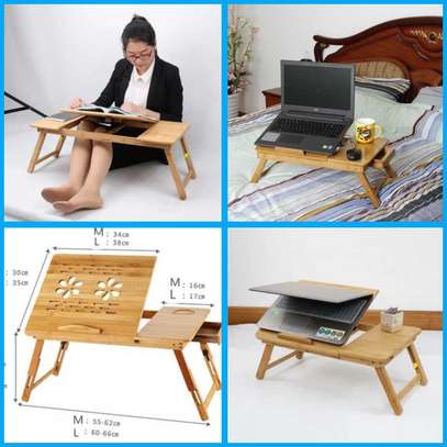 Foldable Bamboo laptop Table with double Fans and a drawer image 2