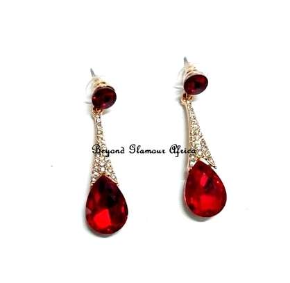 Ladies Red Crystal Golden Earrings image 1