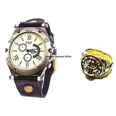 Mens Black Leather Watch+ Golden Watch image 1