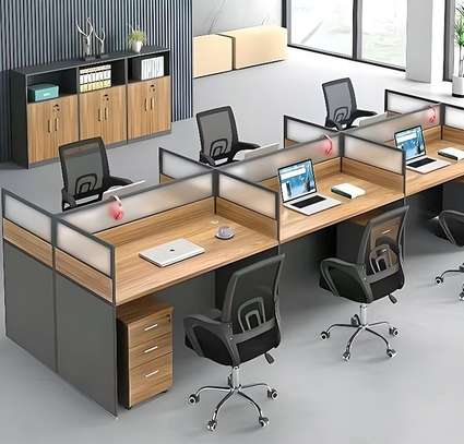 Office Desk: Brown 4-Way Modular Office Workstation image 4
