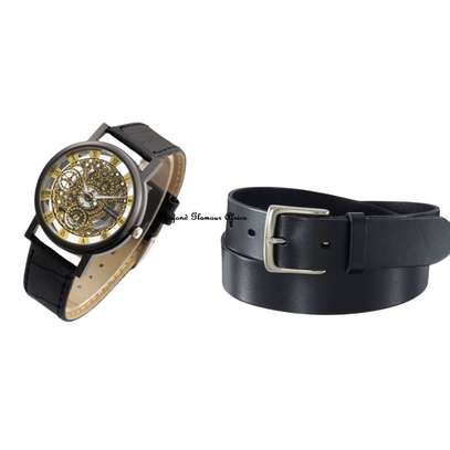 Mens Black Leather skeleton watch with belt combo image 2