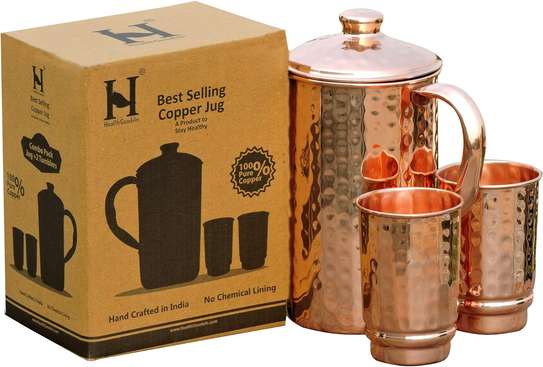 Pure Copper Hammered Water Jug with 2 Copper Tumblers image 1