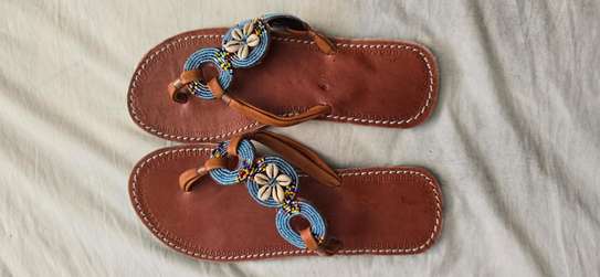 Handmade Beaded Sandals Brown Leather Floral Design image 6