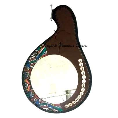 African Leather Calabash mirror with shells image 1
