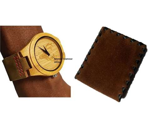 Mens Bamboo leather watch and cardholder image 1