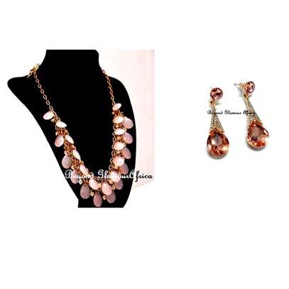 Womens Pink Crystal Necklace with earrings image 1