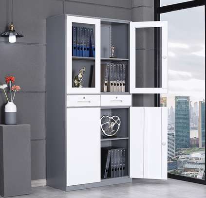 Metal Storage Cabinet with Drawers and Glass Doors image 2