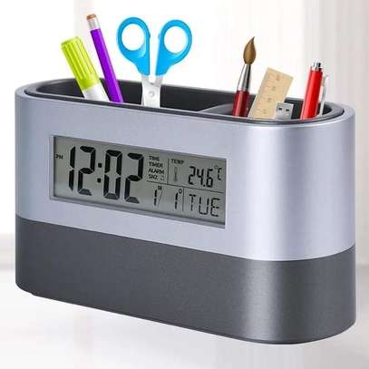 Multifunctional Desktop Pen Holder & Digital Alarm Clock Calendar Thermometer Display. image 1