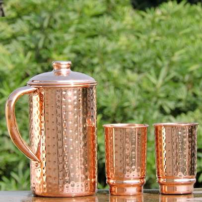 Pure Copper Hammered Water Jug with 2 Copper Tumblers image 3