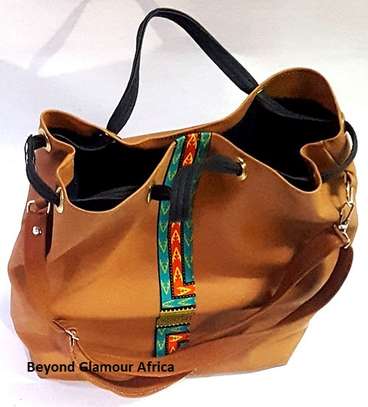 Womens Brown Leather handbag with ankara pouch image 3