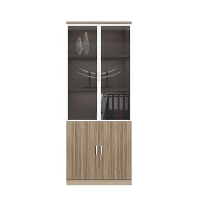 Cabinet : 2-Door Brown Half Glass Wooden Office Cabinet image 3