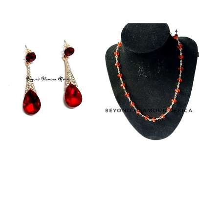Womens Red Crystal dangle earrings and Necklace image 1
