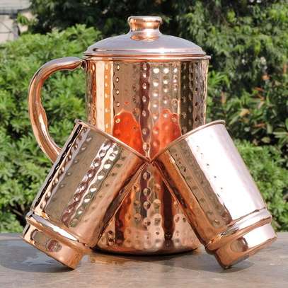 Pure Copper Hammered Water Jug with 2 Copper Tumblers image 4