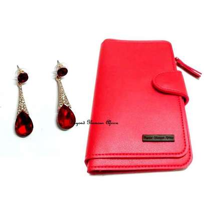 Womens Red Leather wallet with crystal earrings image 1