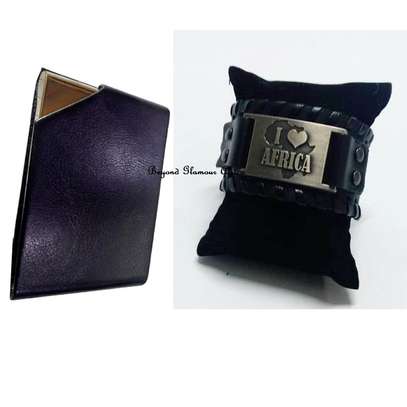 Black leather bracelet cuff with leather cardholder image 4