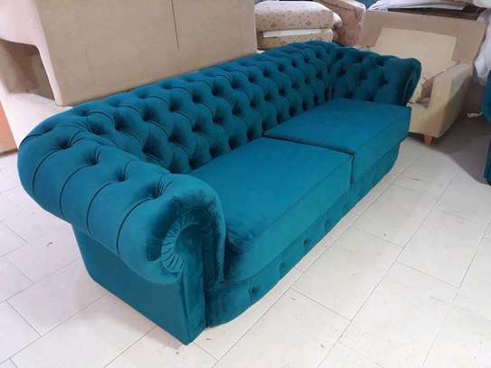 Modern three seater blue tufted sofa set image 1