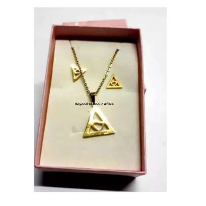 Womens Triangular Gold Tone Pendant and earrings image 1