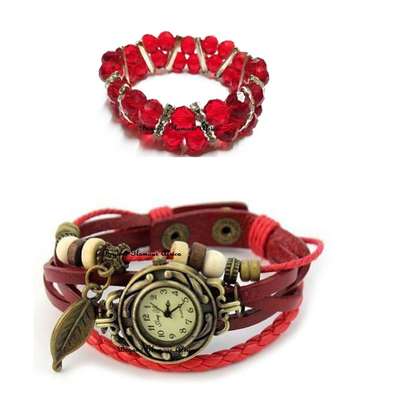 Womens Red leather watch with crystal bracelet image 1