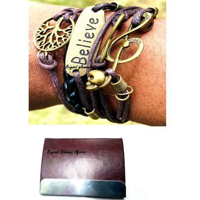 Purple Leather bracelet with a cardholder image 1