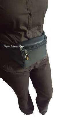 Black Leather waist bag with denim ankara pouch image 3