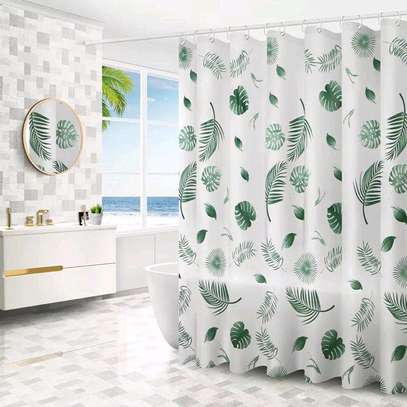 Green and white shower curtain image 1