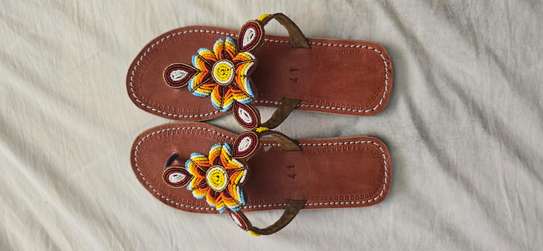 Handmade Beaded Sandals Brown Leather Floral Design image 5