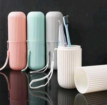 Travel toothbrush holders colours green, peach, cream, grey image 1