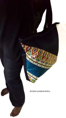 Blue Multi color Denim Ankara Handbag image 1