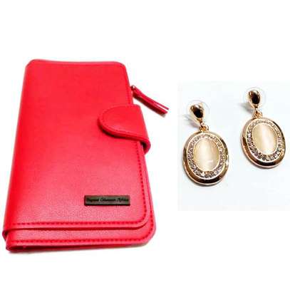 Womens Red Leather Wallet+ earrings image 4