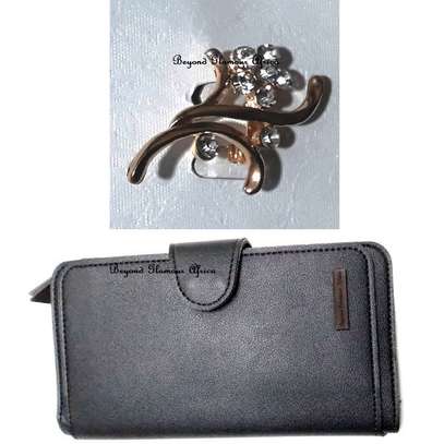 Womens Black Leather wallet with a brooch image 1
