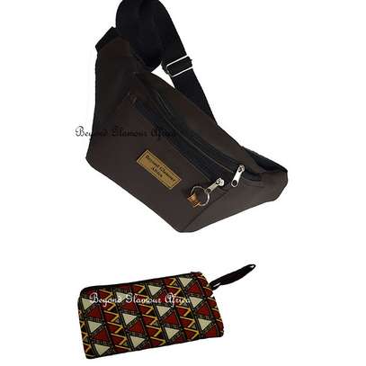 Brown leather waist bag with ankara pouch image 5