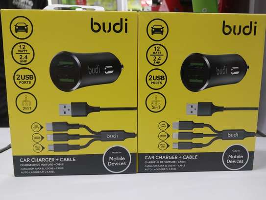 Budi 12W 2 USB car charger with 3 in 1 cable image 3