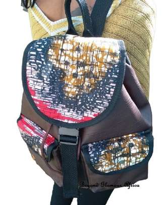 Leather ankara backpack with leather necklace image 2