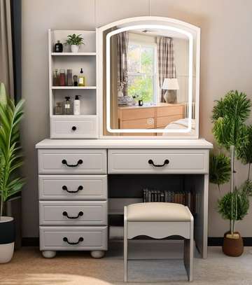 Dressing Table : White Vanity Dresser with Mirror and Stool image 1