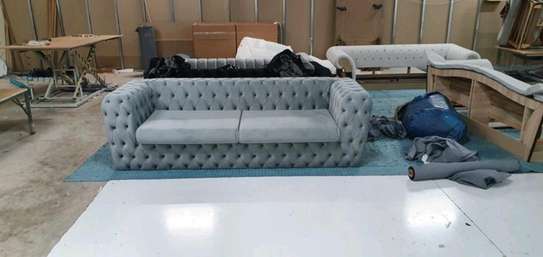 Round button tufted grey 3 seater sofa image 1