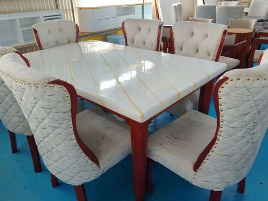 Marble Dining Table Set 6 Upholstered Chairs White Wood image 3