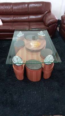Glass Top Wooden Based Puff Coffee Table image 5
