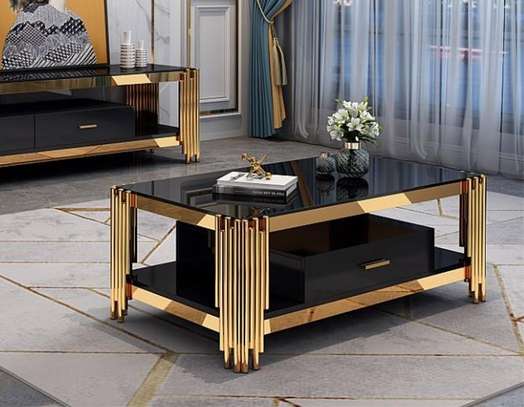 Black Metal With Top Golden Glass Table Coffee image 1