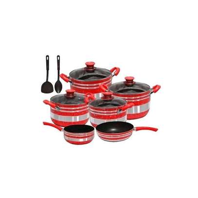 12 Pieces Non Stick Cooking Pots/ Sufuria Set - Red and Silver image 1