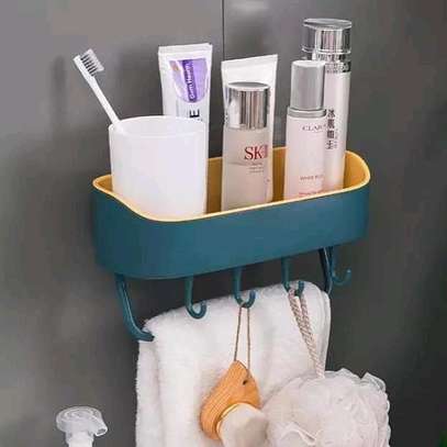 Bathroom shelf organizer with 5 hooks and towel hanger image 2
