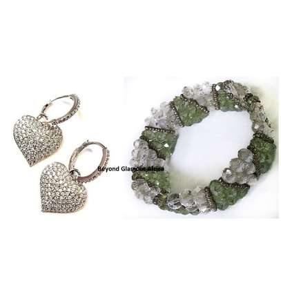 Womens Green Crystal Bracelet and silver earrings image 1
