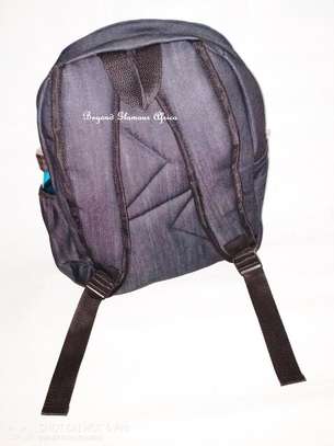 Blue ankara denim laptop backpack with brown leather belt image 2