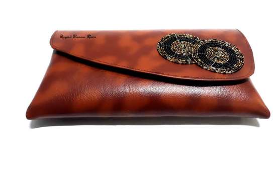 Womens Brown Clutch Bag with maasai beaded image 3