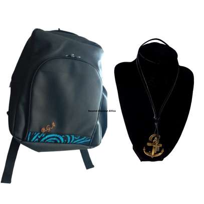 Black Leather Laptop Backpack with necklace image 2