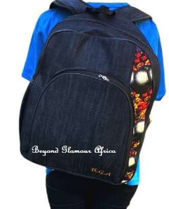 Blue ankara denim laptop backpack with brown leather belt image 3