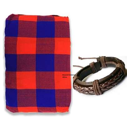Maasai Blue and Red shuka and leather bracelet image 3