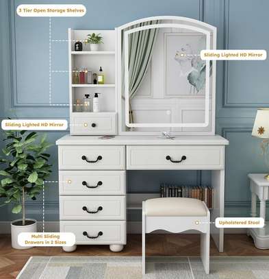 Dressing Table : White Vanity Dresser with Mirror and Stool image 5