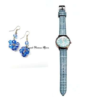 Womens Blue leather glitter watch with earrings image 1
